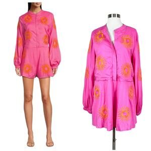 J. Marie | Hot Pink Sun Embroidered Orange Cotton Linen Summer Preppy Romper L